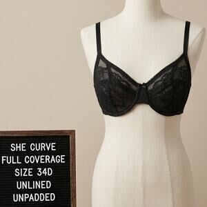 She Curve 34D Bra Black Lace Full Coverage Underwire Unlined Unpadded